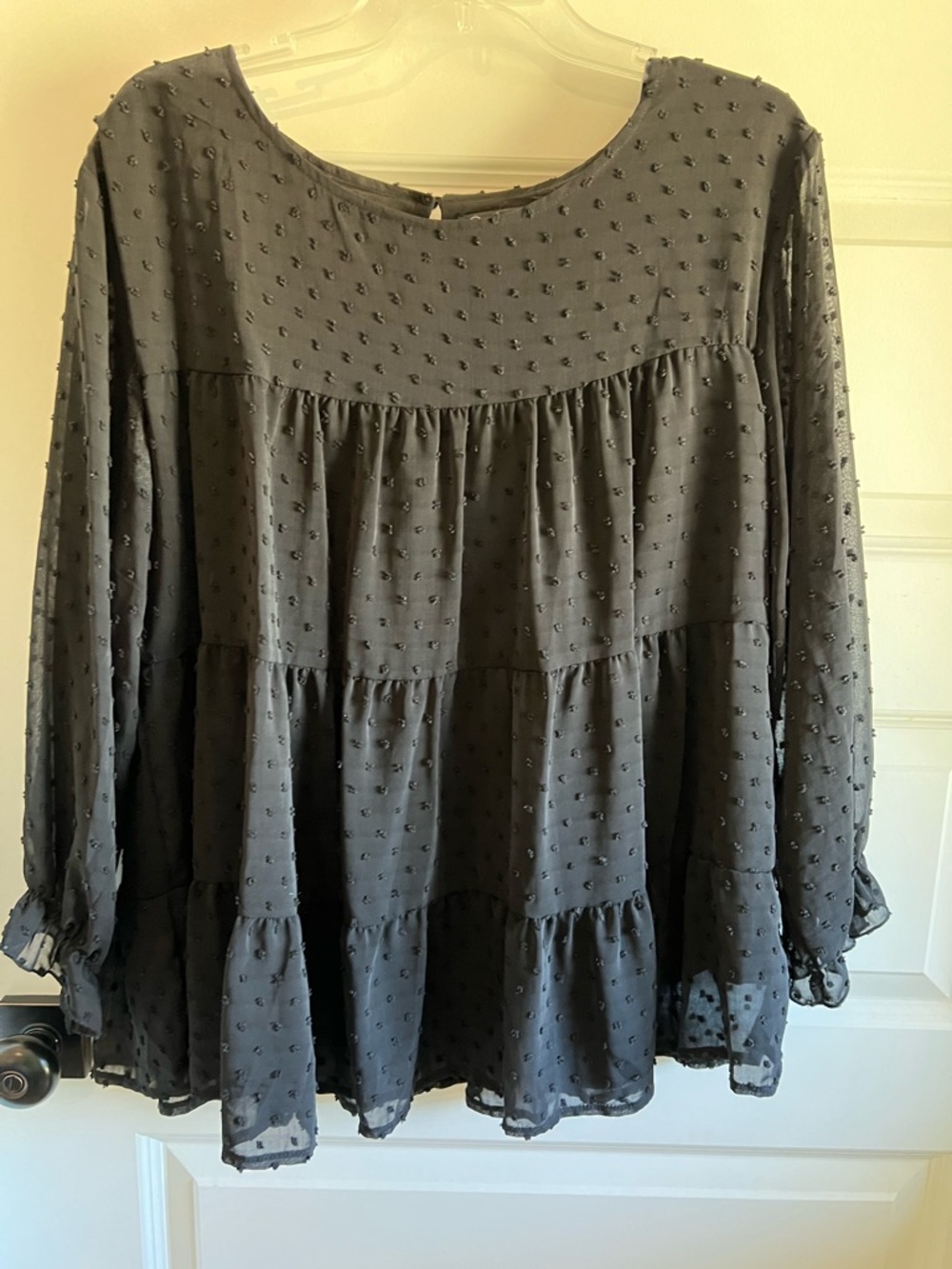 Women's Black Swiss Dot Tiered Long-Sleeve Blouse